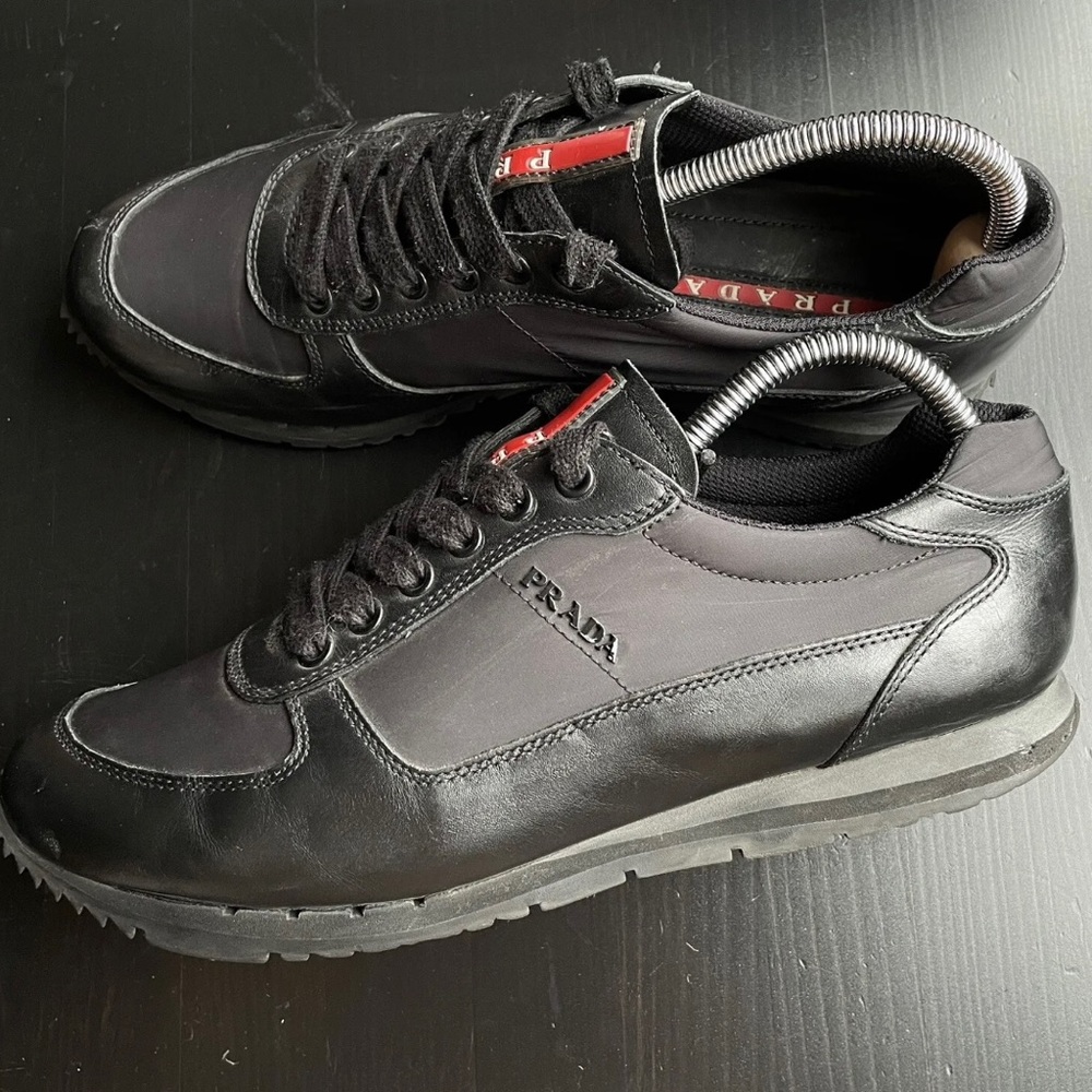 PRADA BLACK SHOES SNEAKERS UK 6 LEATHER NYLON MENS US 7